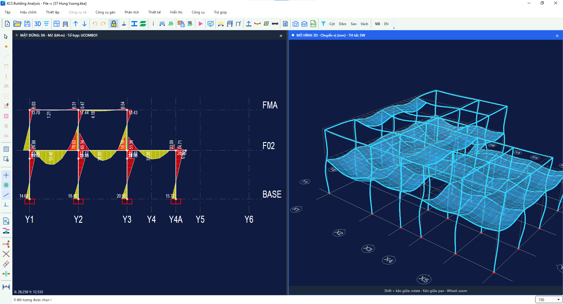 KCS Building Analysis showing a 3D structural model alongside frame bending moment results