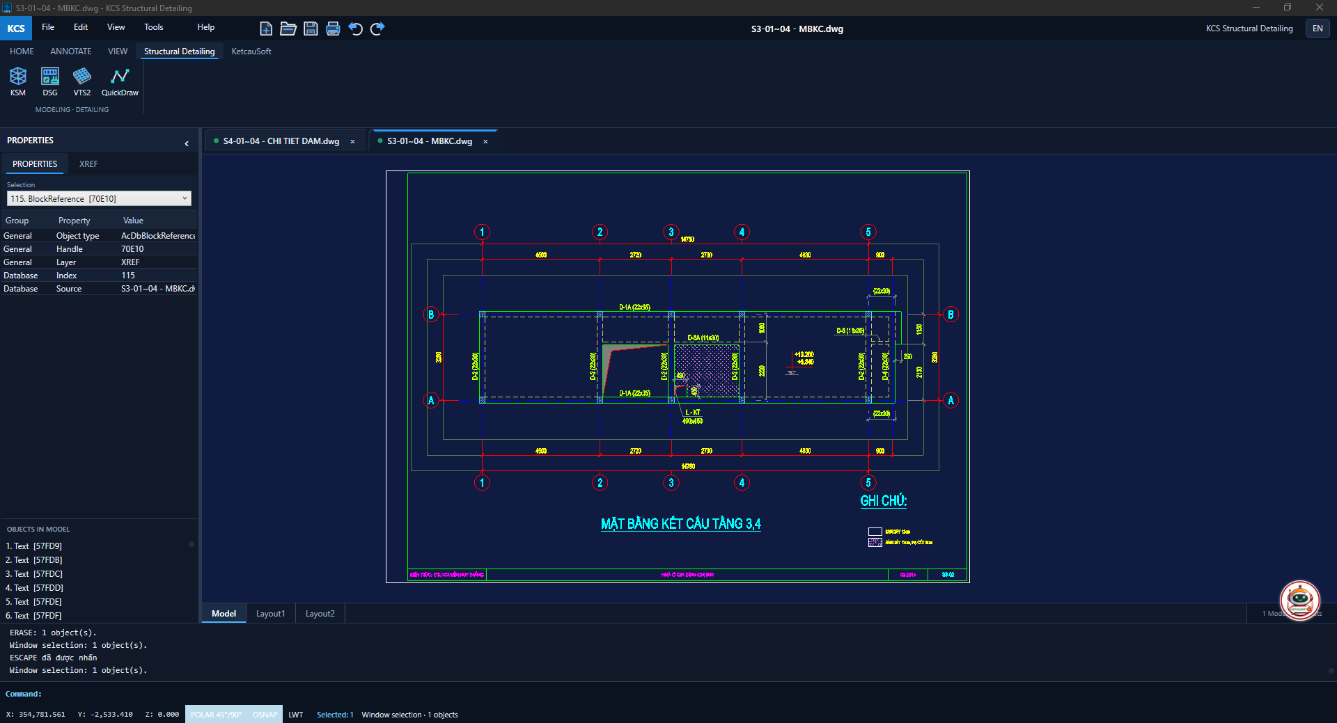 KCS Structural Detailing CAD workspace showing a structural floor plan, dimensions and drawing frame